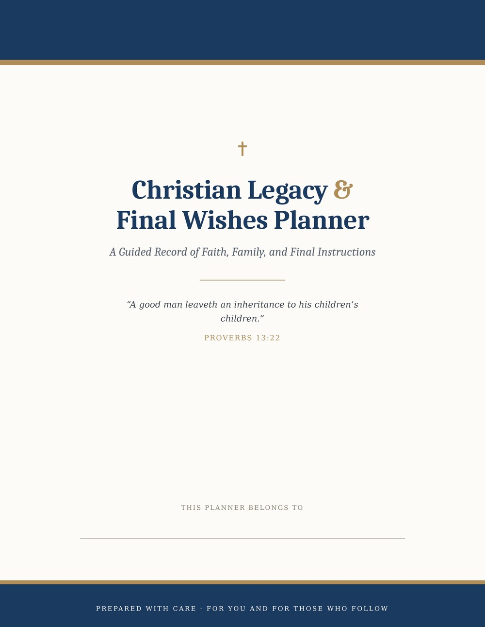 Cover of the 82-page Christian Legacy and Final Wishes Planner printable PDF workbook, navy and gold